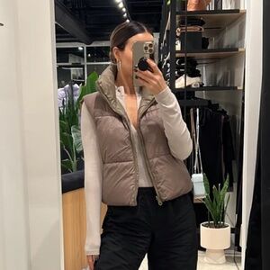 ONLY Rowan Reversible puffer vest, olive and taupe.